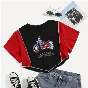 Shein - Letter & Motorcycle Crop Tee